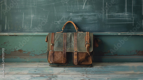 A vintage-style school bag resting against an old-fashioned chalkboard, evoking nostalgia.