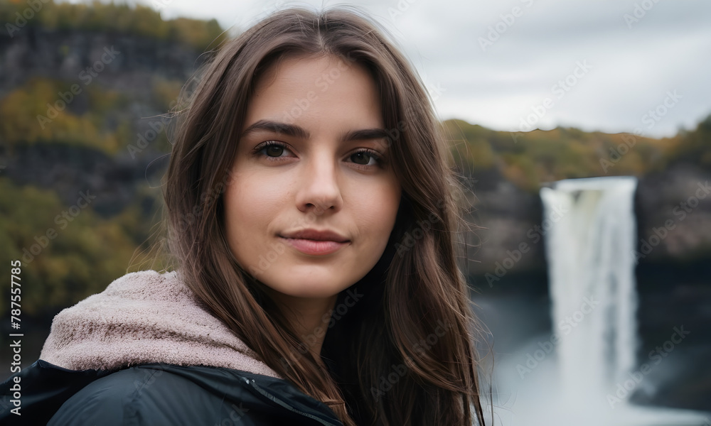 Beautiful girl on vacation taking a photo at the waterfall Beautiful girl on vacation taking a photo at the waterfall