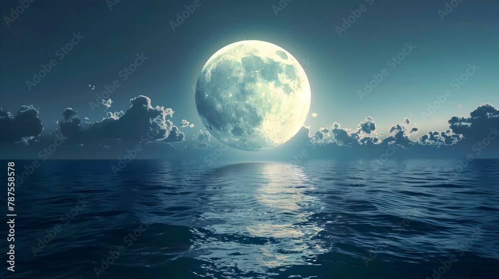 A full moon rising over a tranquil sea, telephoto lens to capture the moon's details against a twilight sky A full moon rising over a tranquil sea, telephoto lens to capture the moon's details against a twilight sky