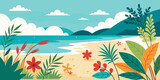Summer sea beach with summer leaves and flowers minimal background
