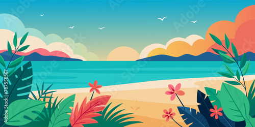 Summer sea beach with summer leaves and flowers minimal background © SaroStock