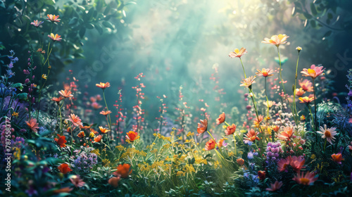 Sunlight filters through a hazy enchanted forest, highlighting a diverse tapestry of wildflowers.