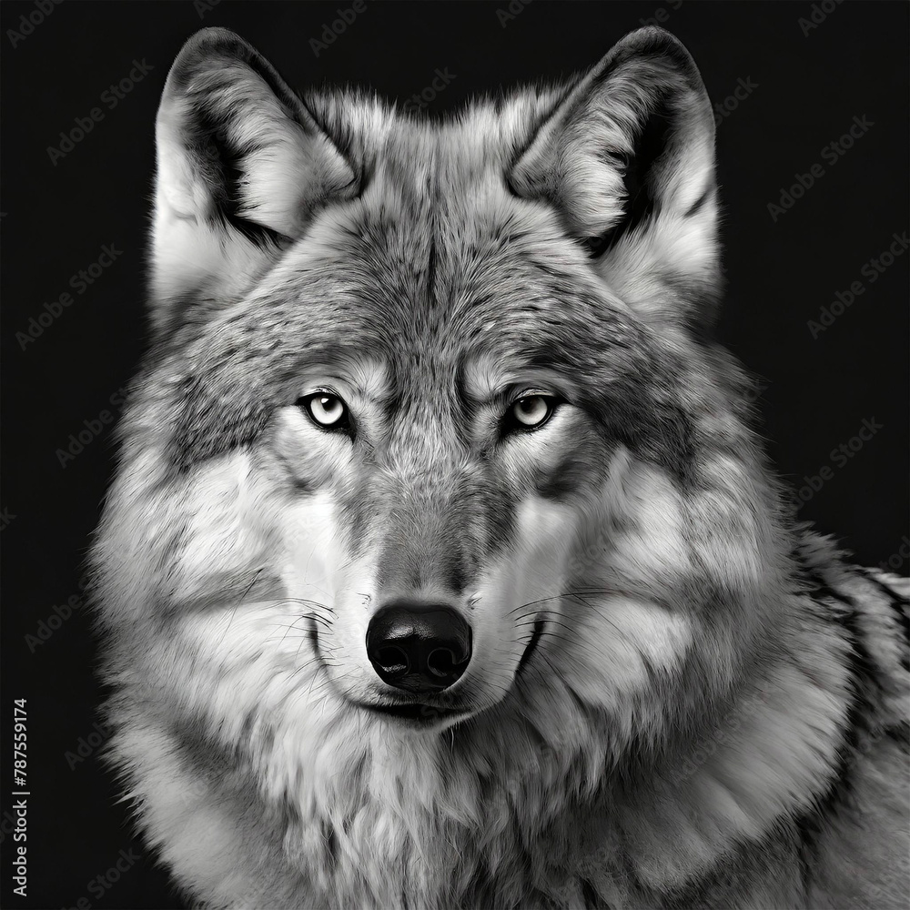 Black and white photorealistic studio portrait of a wolf.