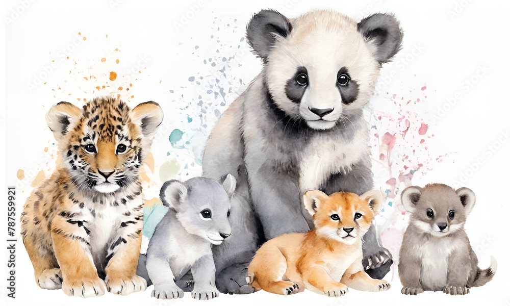Group of furry animals painted in watercolors. Panda, Tigers, otter. White background.