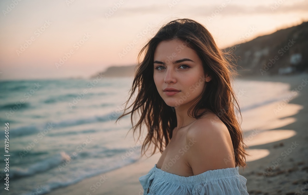 A woman in a blue dress smiles at the sunset on the beach A woman in a blue dress smiles at the sunset on the beach