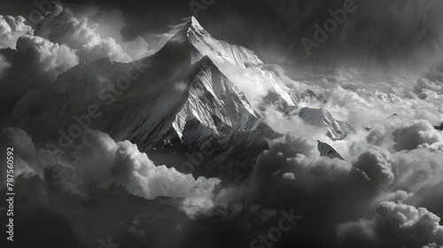 A jagged mountain peak piercing through clouds, aerial photography to show the imposing height and isolation of the peak © MistoGraphy