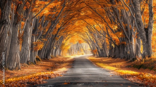 A thin ribbon of road disappears into a tunnel of golden foliage creating a vibrant canopy overhead. The rustling of the leaves is . AI generation. photo