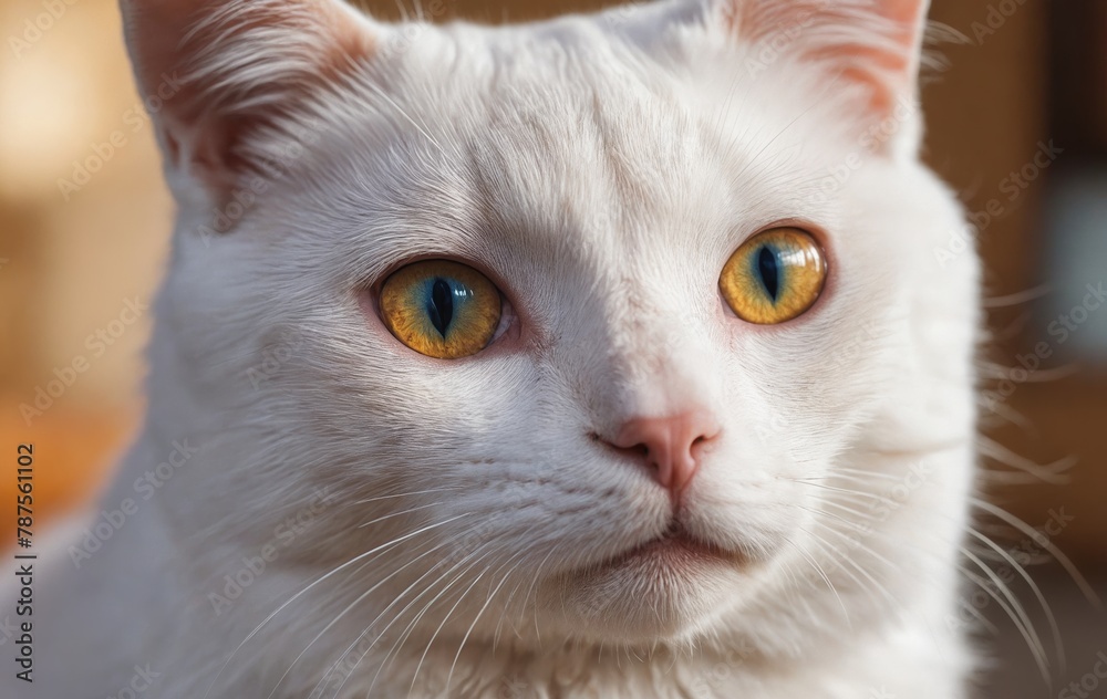 Closeup of a Felidae cat with yellow eyes and white fur, staring at the camera Closeup of a Felidae cat with yellow eyes and white fur, staring at the camera