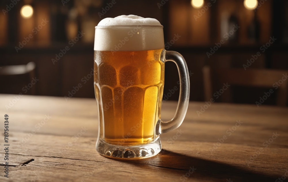 A beer glass filled with liquid sitting on a wooden table A beer glass filled with liquid sitting on a wooden table