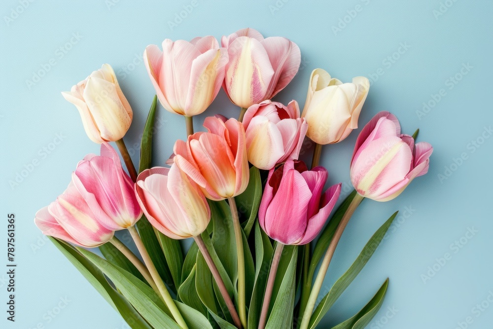 Fototapeta premium Bouquet of pink and white tulips on a blue background. Greeting card for Mother's Day, Woman's Day, Easter, Valentine's Day, Wedding, and Birthday celebration.