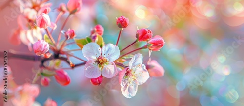 Apple tree branch in full bloom. Vibrant and colorful flowers of spring.