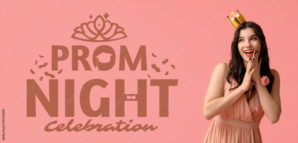 Happy young woman in stylish prom dress and paper crown on pink background Happy young woman in stylish prom dress and paper crown on pink background