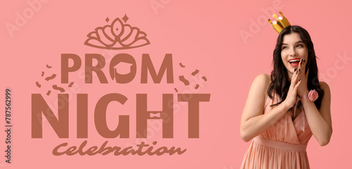 Happy young woman in stylish prom dress and paper crown on pink background
