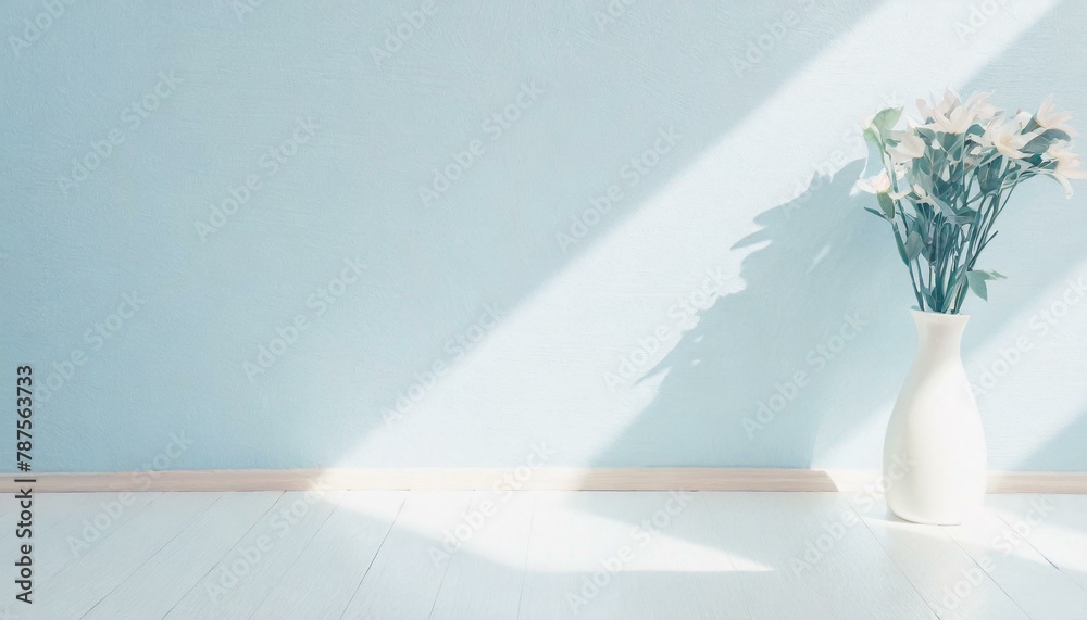 Bright light pastel pale delicate blue room wall flatlay as background. Abstract natural floral shadow patterns. White wooden floor. Bright light pastel pale delicate blue room wall flatlay as background. Abstract natural floral shadow patterns. White wooden floor.