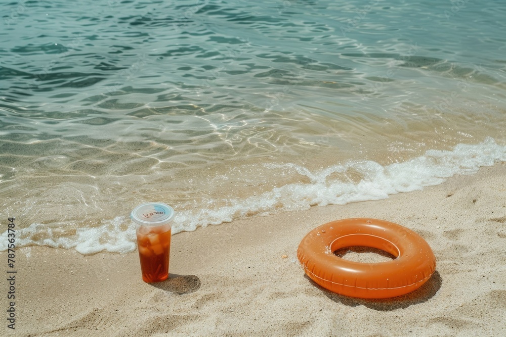beach. sea, blue water. orange lifebuoy. cold drink with ice. tea, cocktail. Vacation. Rest. Journey. advertising of tours.