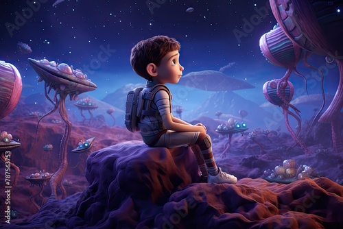A young boy is sitting on a purple rock in an extraterrestrial landscape. Generative AI