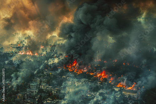 A menacing forest fire encroaches upon urban residences, igniting fires and enveloping the city in smoke, presenting a grave threat to its inhabitants. Generative AI.