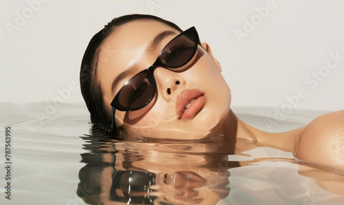 fashionable woman with sunglasses floating in water, highend fashion portrai photo