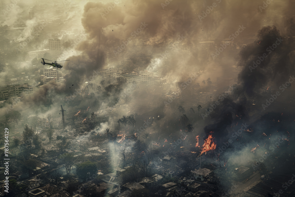 Obraz premium A massive forest blaze fills the air with thick smoke. A helicopter joins the fight as flames approach homes, highlighting the urgency of combating summer wildfires from above. Generative AI.