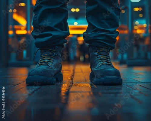 A close-up view of a retail security guard's boots on the ground, illustrating their perpetual presence and vigilance.