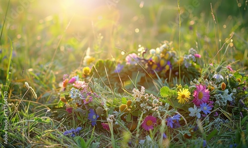 Wildflowers wreath on a sunny meadow. Sunny green natural background. Summer solstice concept. Symbol of Beltane. photo