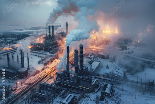 Vast, billowing factories with towering chimneys belching smoke, creating an industrial vista. Aerial view captures the winter's industrial landscape. Generative AI. photo