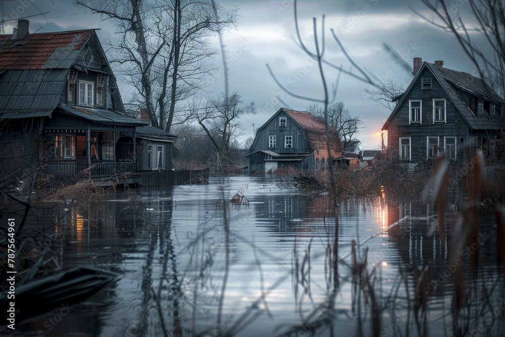 Fototapeta premium Several rural wooden houses submerged as a result of flooding. A harrowing scene. Generative AI.