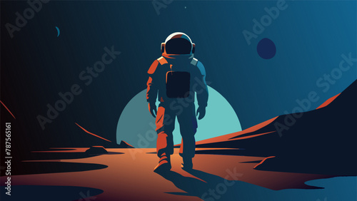 In the second illustration we see a lone astronaut silhouetted against the dark expanse of space walking on the surface of a small rocky