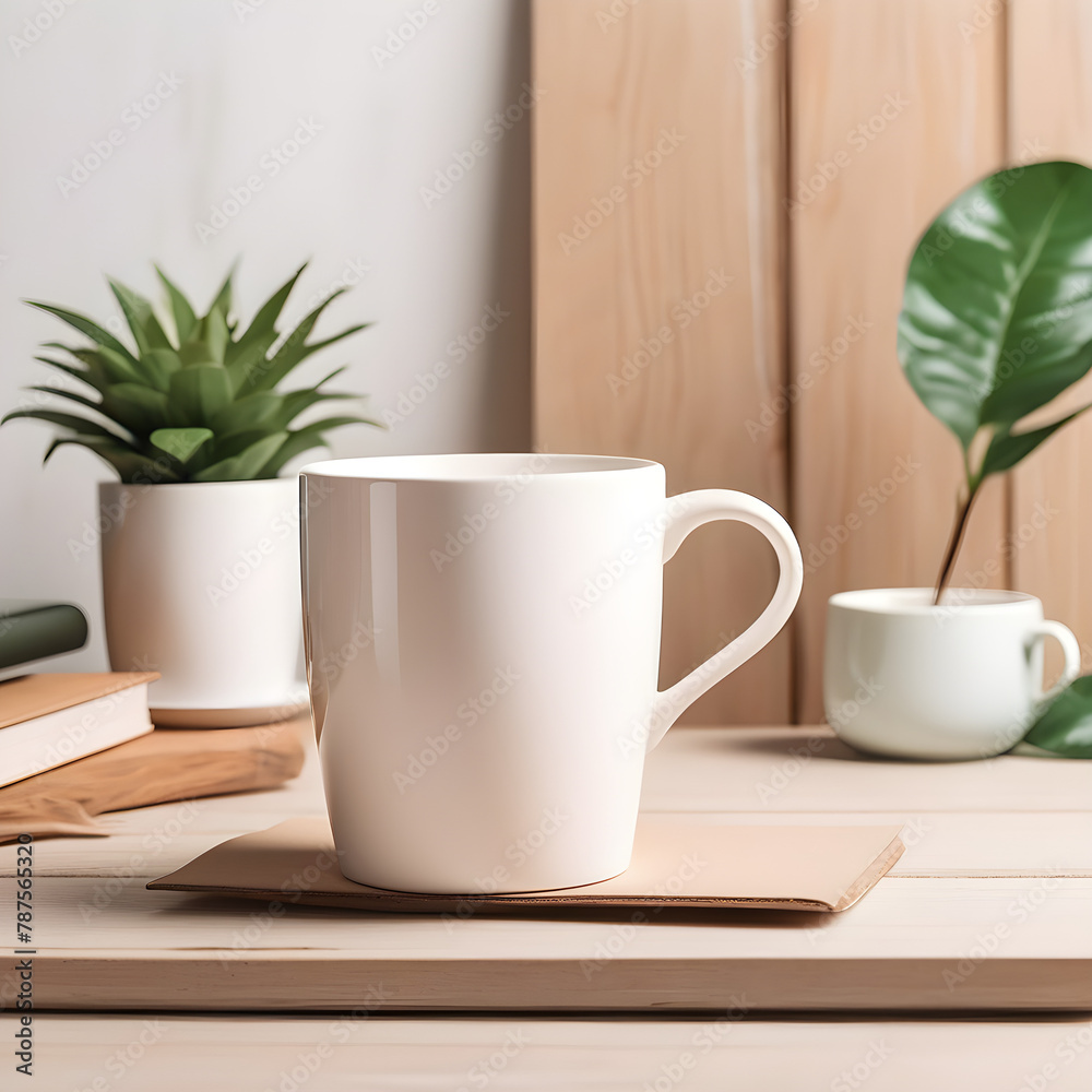 Mock up white mug cup on the table minimalistic style 