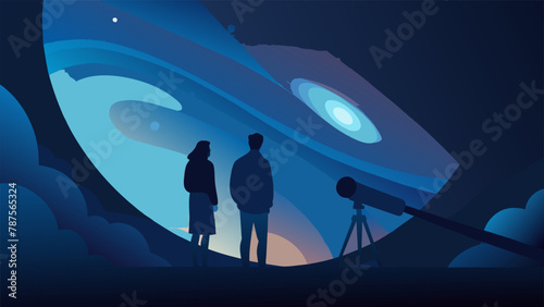 Through the lens of a telescope two figures can be seen gazing at a distant nebula their faces aglow with a hauntingly beautiful blue light as