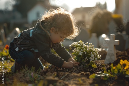 A little girl is kneeling down in a garden and planting colorful flowers into the soil. She is focused on the task, gently placing each plant into the ground with care