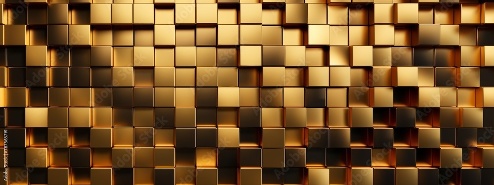 Luxurious golden background. Gold random mosaic decoration. Cubic backdrop. Glossy square shapes. Architectural abstraction. Interior concept. Luxurious golden background. Gold random mosaic decoration. Cubic backdrop. Glossy square shapes. Architectural abstraction. Interior concept.
