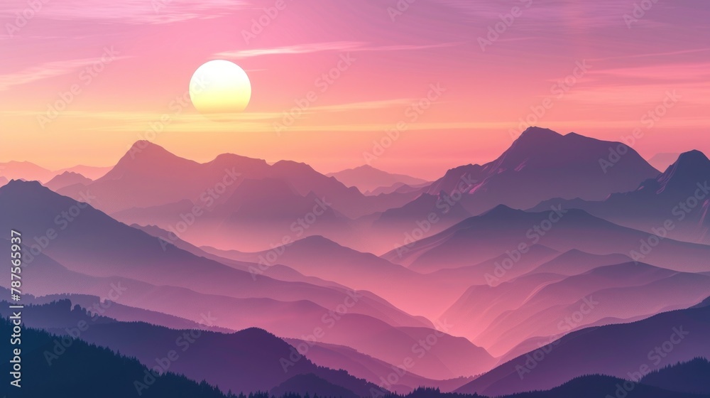 3d illustration beautiful scene mountains during sunset summer natural landscape. AI generated image