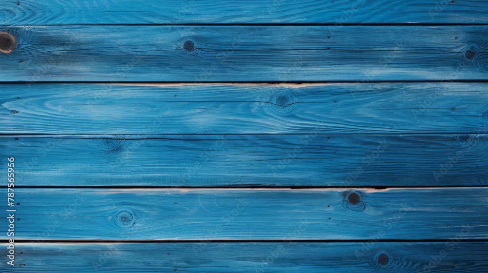 Fototapeta premium Wooden blue table, top view. The texture of a wooden background consisting of boards painted with blue paint, designed for photographs.