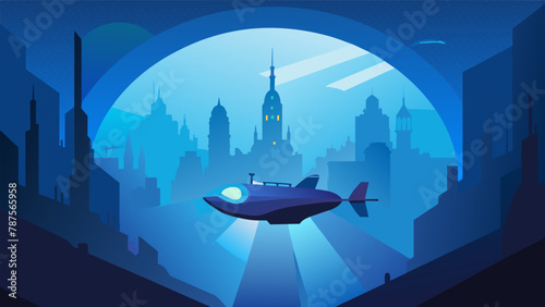 In the distance a glowing blue submarine emerges from a hidden underwater tunnel its lights reflecting off the translucent walls of the citys