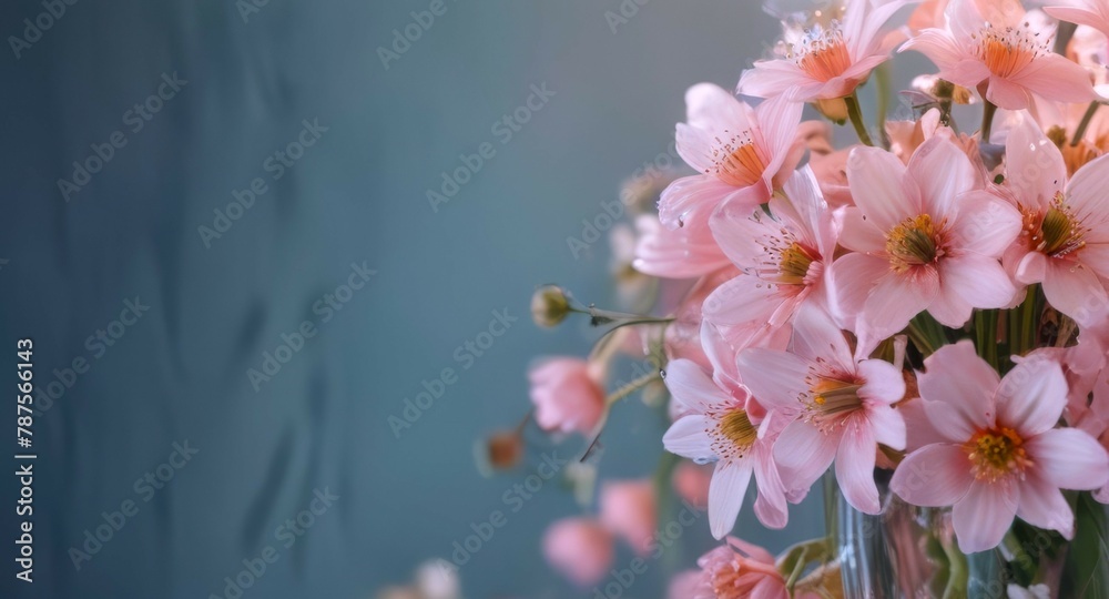 delicate pink flowers in vase against teal background. concepts: wellness and relaxation, spa advertisements, greeting cards, invitations, spring awakening, garden aesthetics, natures beauty