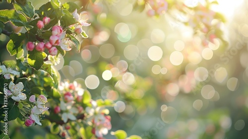 Beautiful an apple garden with trees blossoming in sunny day blur bokeh background. AI generated © MUCHIB