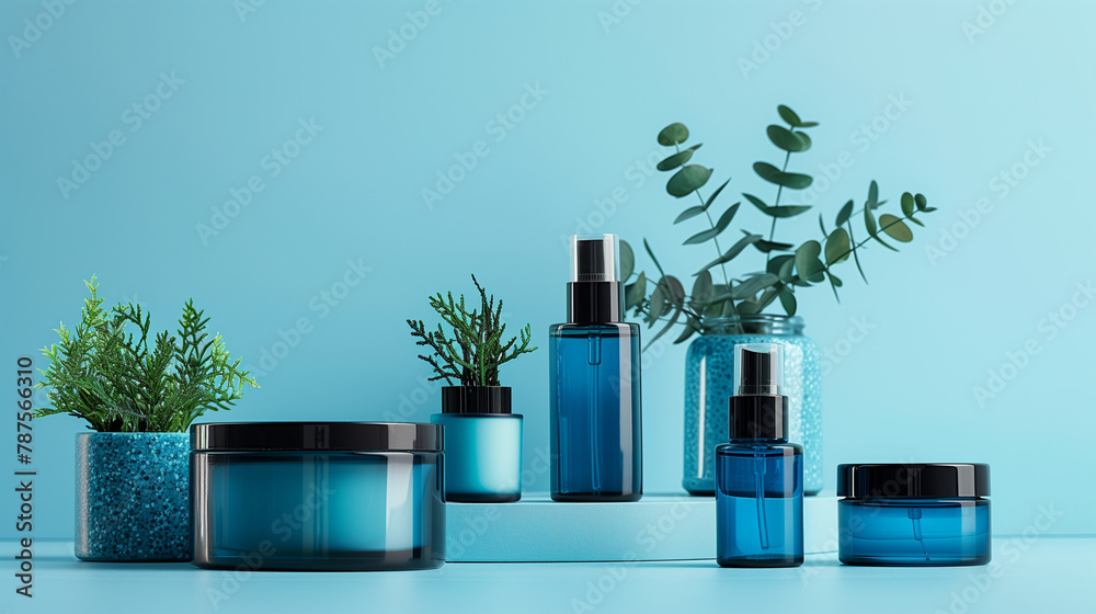 A blue background with a variety of blue containers and vases A blue background with a variety of blue containers and vases