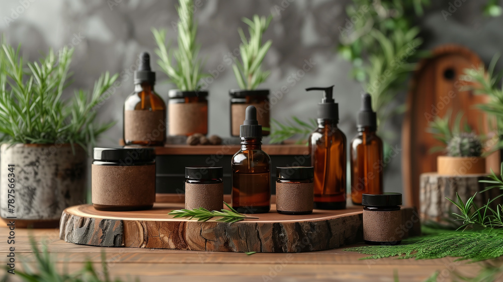 A wooden table with many bottles and jars of various sizes and shapes