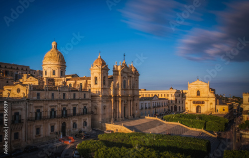 Travel to Italy - front view of Noto Cathedral Minor Basilica of St Nicholas of Myra in Sicily. June 2023, Long exposure picture