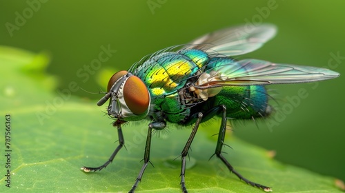 Portrait macro view a green fly insect perched on green leaf nature blur background. AI generated © MUCHIB