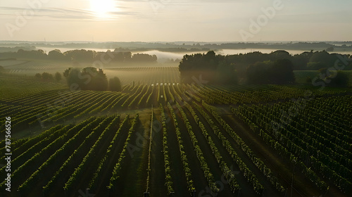 A panoramic view of a sprawling vineyard at dawn, drone photography to capture the neat rows and the morning mist hanging low