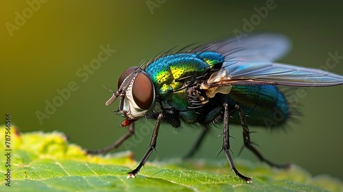 Portrait macro view a green fly insect perched on green leaf nature blur background. AI generated