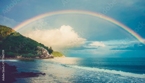 Beautiful landscape with a colorful rainbow over the sea coast.  Storm clouds in the sky. 