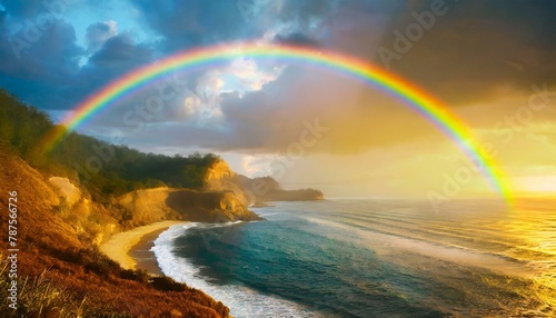 Beautiful landscape with a colorful rainbow over the sea coast. Storm clouds in the sky. 