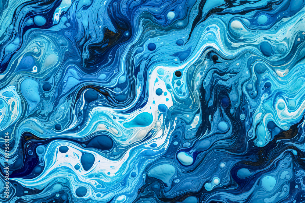 A blue and white swirl of paint with a lot of white dots