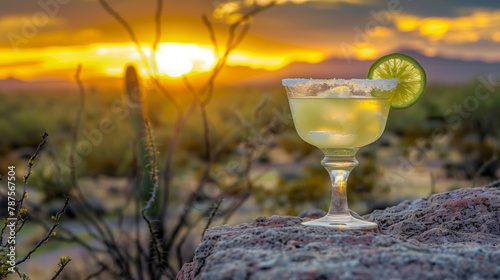 Margarita glasses with lime in Sonoran Desert, Arizona. Refreshing moment in warm landscape, travel concept. photo