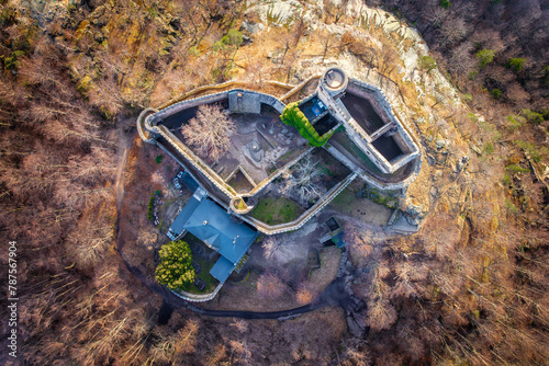 Aerial view of Medieval Castle Chojnik. Lower Silesia, Poland