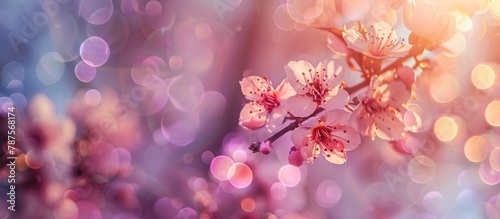Cherry blossoms set against a softly blurred natural backdrop  Blooming spring flowers  Spring-themed background featuring bokeh effects