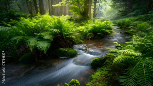 A quiet brook in a dense green forest  captured with a neutral density filter for a silky water effect and rich  saturated colors